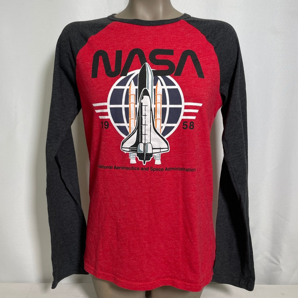 NASA Space Shuttle Raglan Red Grey Long Sleeve Baseball Shirt Women's XXL